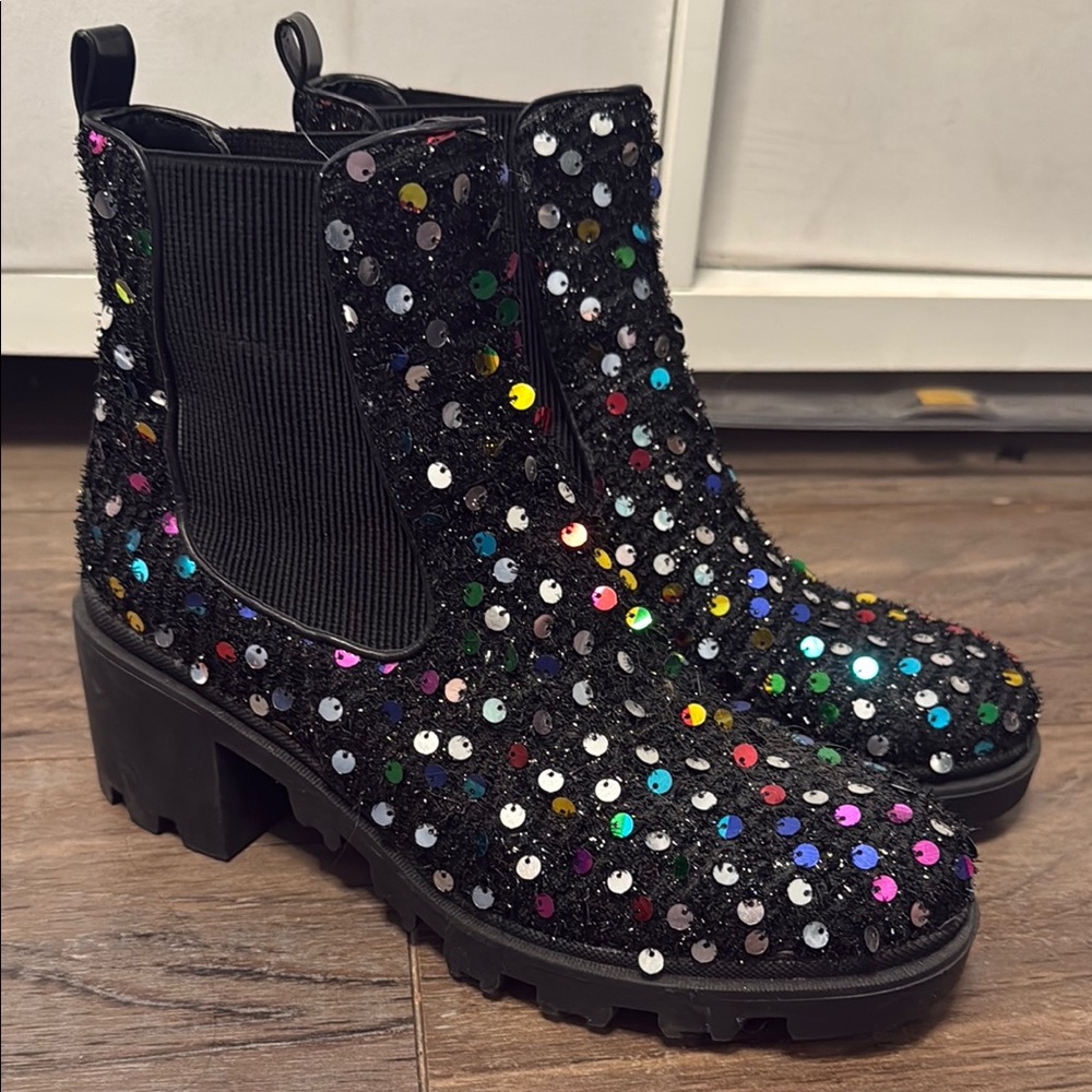 Betsey Johnson Rowan Sequin-Embellished Black Ankle Boots